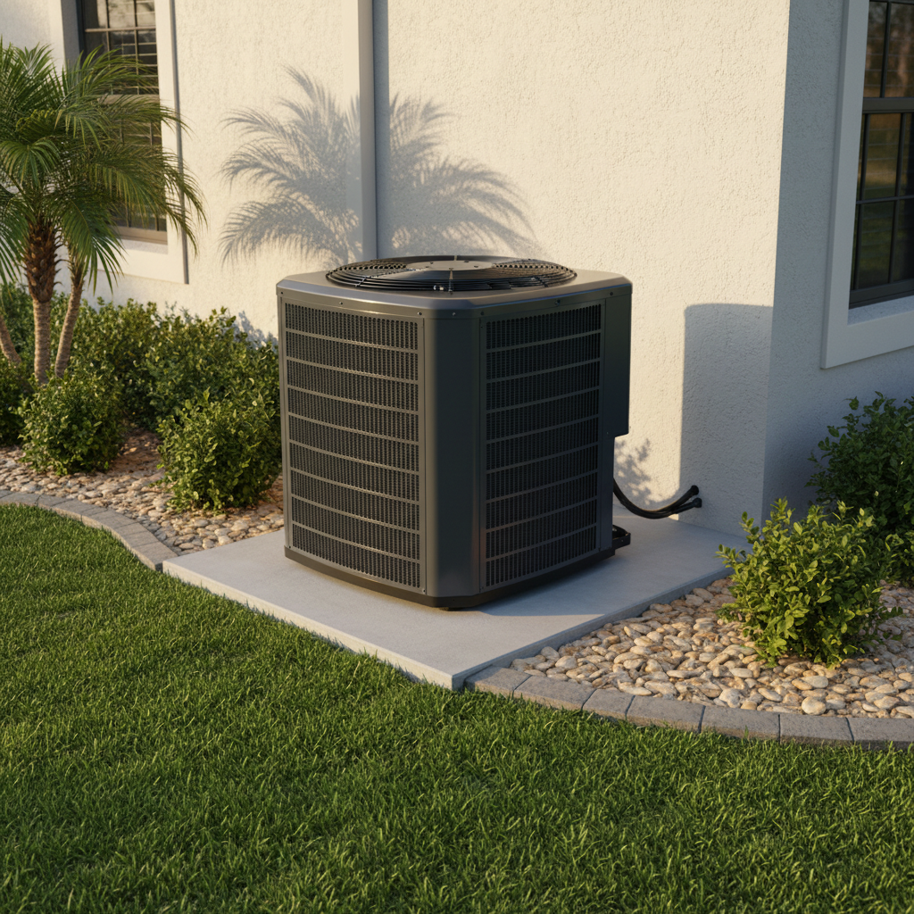 A gleaming high-efficiency central air conditioning condenser unit with a clean, dark gray housing and prominent fan grille, positioned on a new concrete pad beside a well-kept Central Florida home exterior. The surrounding landscaping features trimmed green shrubs and smooth river stones, all neatly arranged. Late afternoon natural light creates a warm, golden tone that highlights the unit’s crisp edges and vents, while casting soft, directional shadows on the stucco wall behind. Viewed from a slightly elevated angle with a moderate depth of field, the background falls gently out of focus, keeping attention on the equipment. The mood is professional, dependable, and comfortable, with photographic realism and a clean, modern aesthetic that underscores expert HVAC installation and maintenance.
