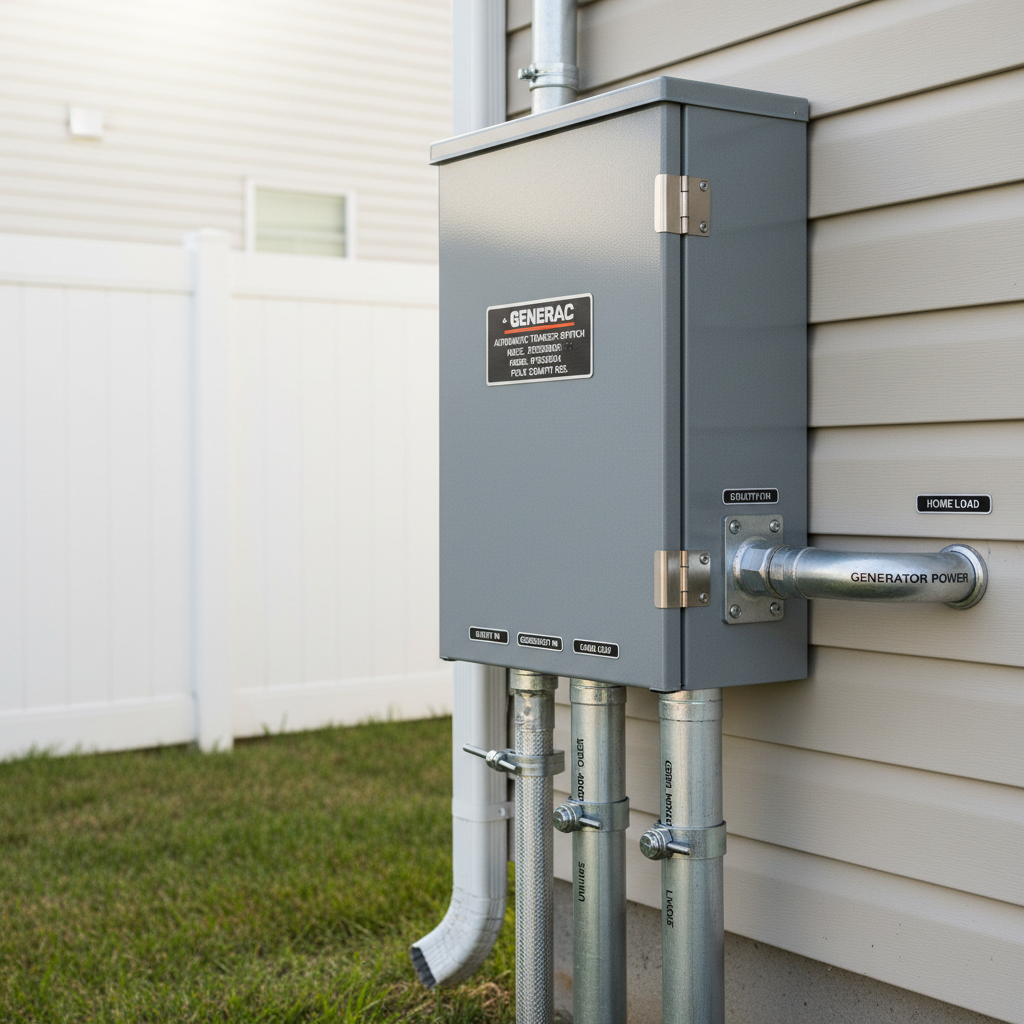A detailed close-up of a heavy-duty standby generator connection setup on the side of a Polk County home, featuring a clean, labeled outdoor transfer switch, sturdy weatherproof enclosure, and thick, neatly routed conduit entering the structure. The textured gray metal casing and stainless-steel hardware show subtle reflections under bright but diffused midday light, eliminating harsh glare. The background includes a softly blurred vinyl fence and trimmed grass, evoking a typical Central Florida backyard. Captured from a slightly low angle with tight framing, the photographic realism highlights every fastener, label, and bend radius, conveying preparedness, code compliance, and professional backup power solutions in a calm, confident atmosphere.