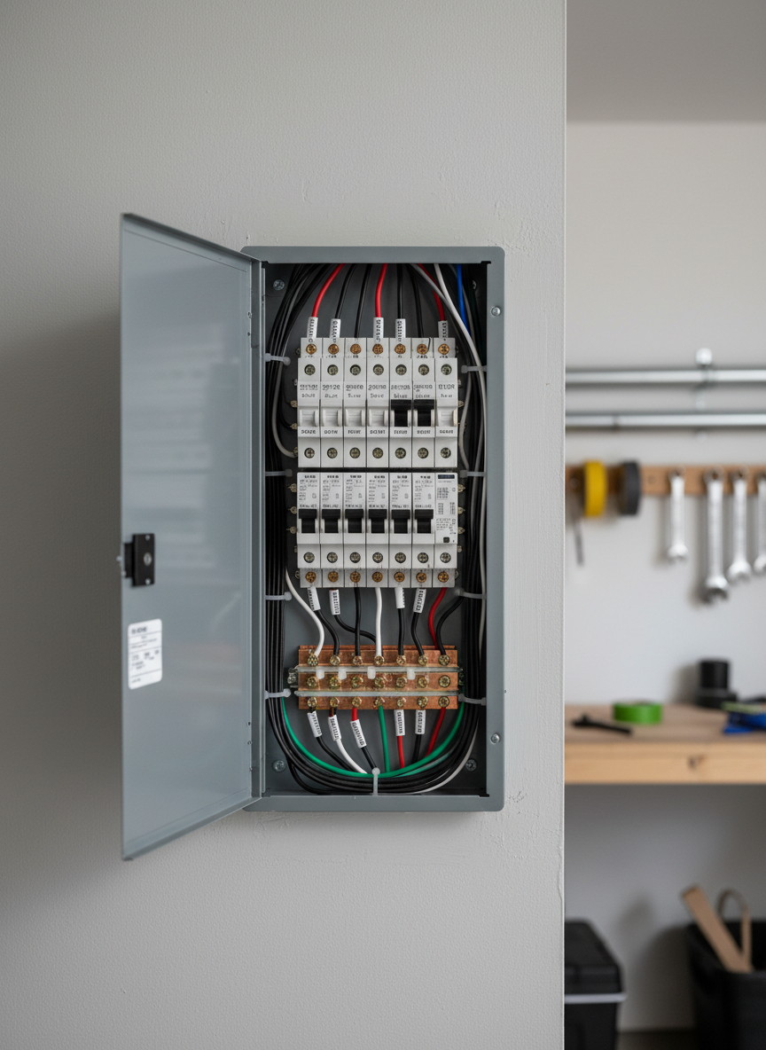 A meticulously organized residential electrical panel with neatly labeled breakers and perfectly aligned wiring, mounted on a clean, freshly painted drywall surface in a Winter Haven garage. The metallic gray panel door stands open, revealing copper and color-coded insulated wires that look precise and secure. Soft, even studio-style lighting illuminates the panel from above and slightly to the left, creating gentle, professional shadows and subtle reflections on the metal. The background is softly blurred, showing hints of neatly stored tools and conduit, reinforcing a sense of order and safety. Captured at eye level with sharp focus throughout, the photographic realism emphasizes reliability, code-compliant workmanship, and a calm, trustworthy atmosphere suitable for a professional electrical services website.