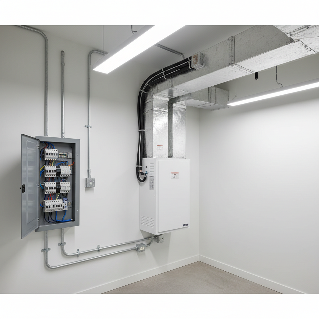 A tidy, well-lit utility room featuring a modern electrical service panel mounted beside a sleek, high-efficiency air handler and ductwork, all installed with carefully routed conduit and insulated refrigerant lines. The walls are painted a bright, clean white, and the concrete floor is spotless. Overhead LED shop lights cast clear, neutral illumination, producing crisp, accurate colors and gentle, professional shadows beneath the equipment. Captured from a slightly wide, eye-level perspective, the composition shows the full relationship between electrical and HVAC components without visual clutter, with sharp focus from front to back. The photographic realism, combined with the orderly arrangement of cables, labels, and mounting hardware, creates a mood of technical competence, safety, and long-term reliability for combined electrical and HVAC services.